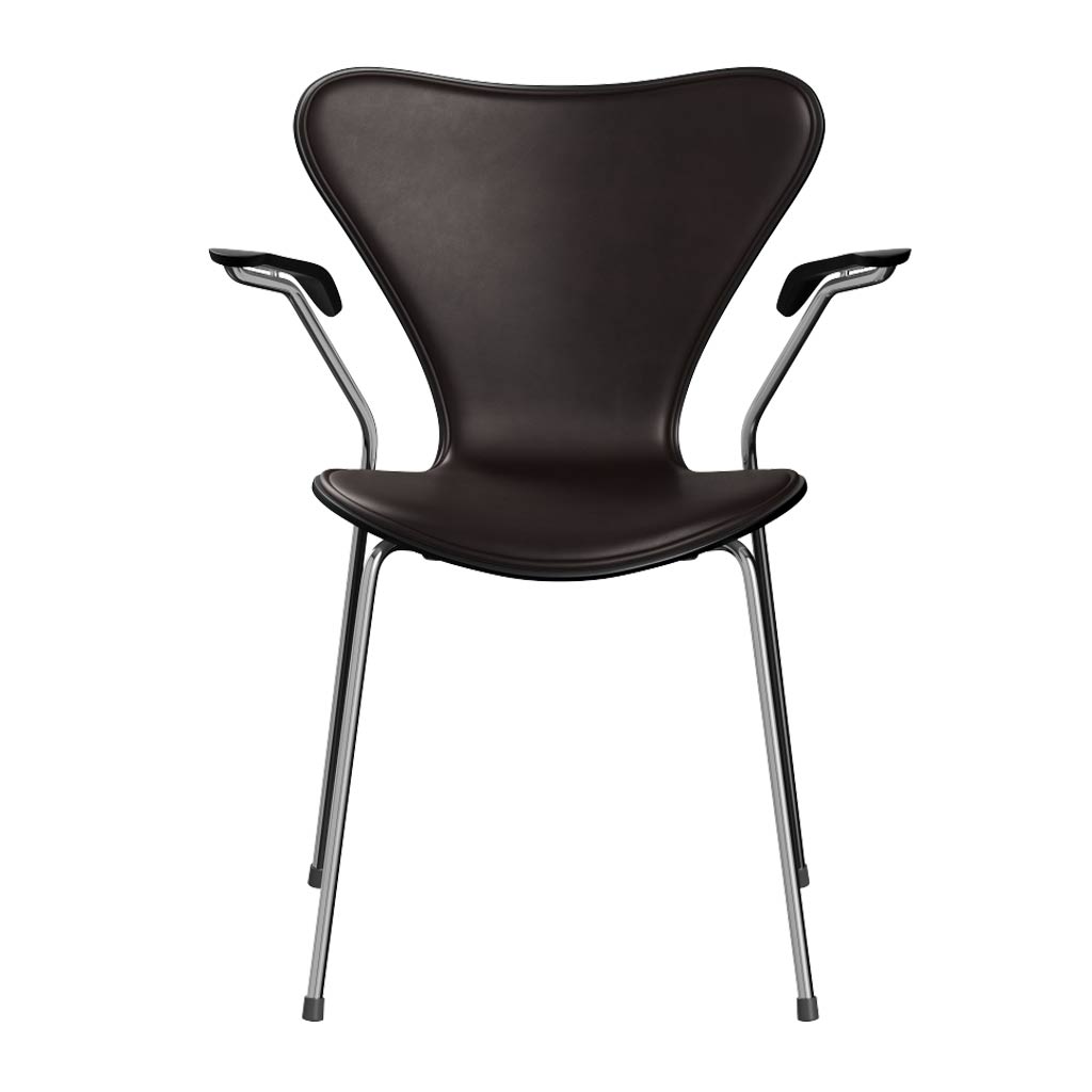 Series 7 Front Upholstery 16.93" High Seat Armchair by Fritz Hansen, showing front view of series 7 front upholstery 16.93" high seat armchair in chrome powder coated steel/colored ash veneer wood shell group/upholstery.