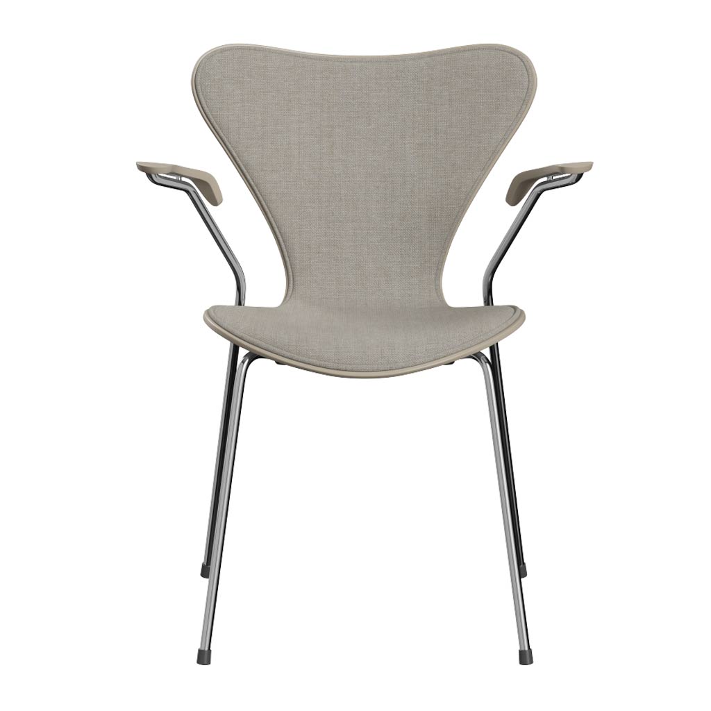 Series 7 Front Upholstery 18.11" High Seat Armchair by Fritz Hansen, showing front view of series 7 front upholstery 18.11" high seat armchair in chrome powder coated steel/lacquered veneer wood shell group/upholstery.