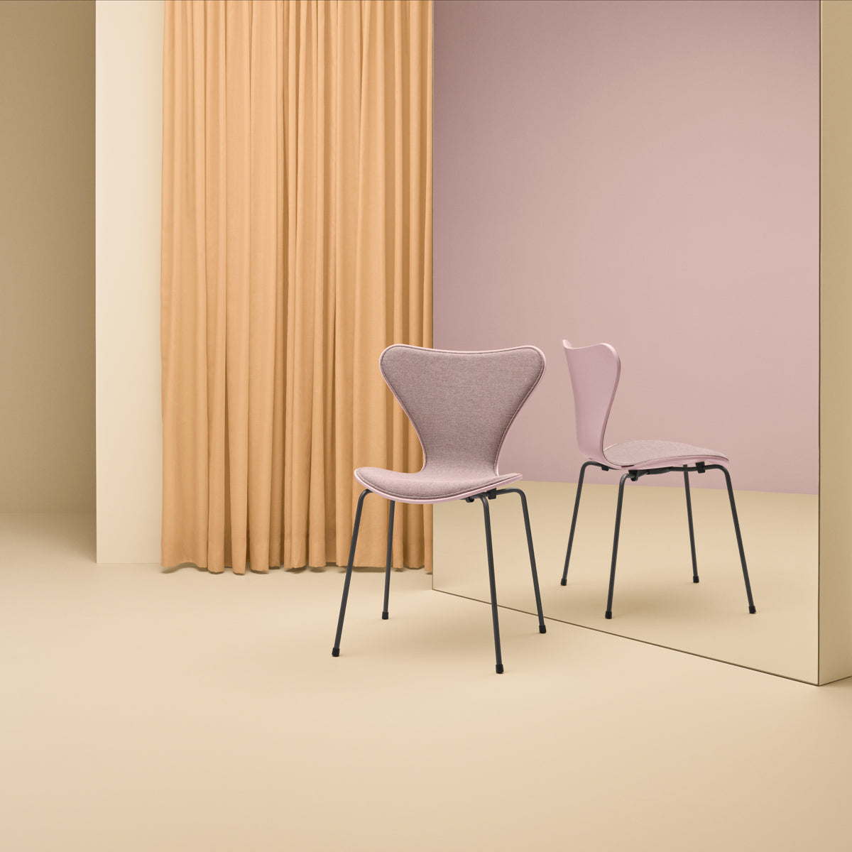 Series 7 Front Upholstery Steel Chair by Fritz Hansen, showing series 7 front upholstery steel chair in live shot.