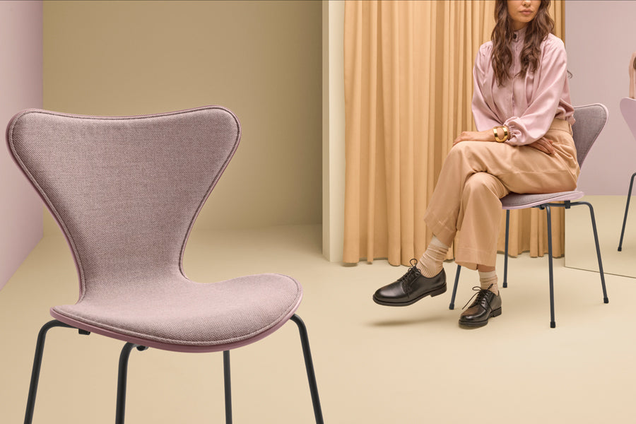 Series 7 Front Upholstery Steel Chair by Fritz Hansen, showing series 7 front upholstery steel chairs in live shot.