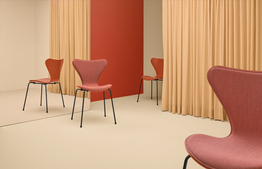 Series 7 Front Upholstery Steel Chair by Fritz Hansen, showing series 7 front upholstery steel chairs in live shot.