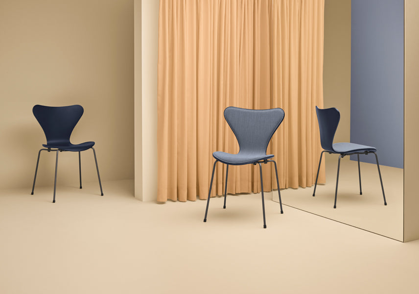 Series 7 Front Upholstery Steel Chair by Fritz Hansen, showing series 7 front upholstery steel chair in live shot.