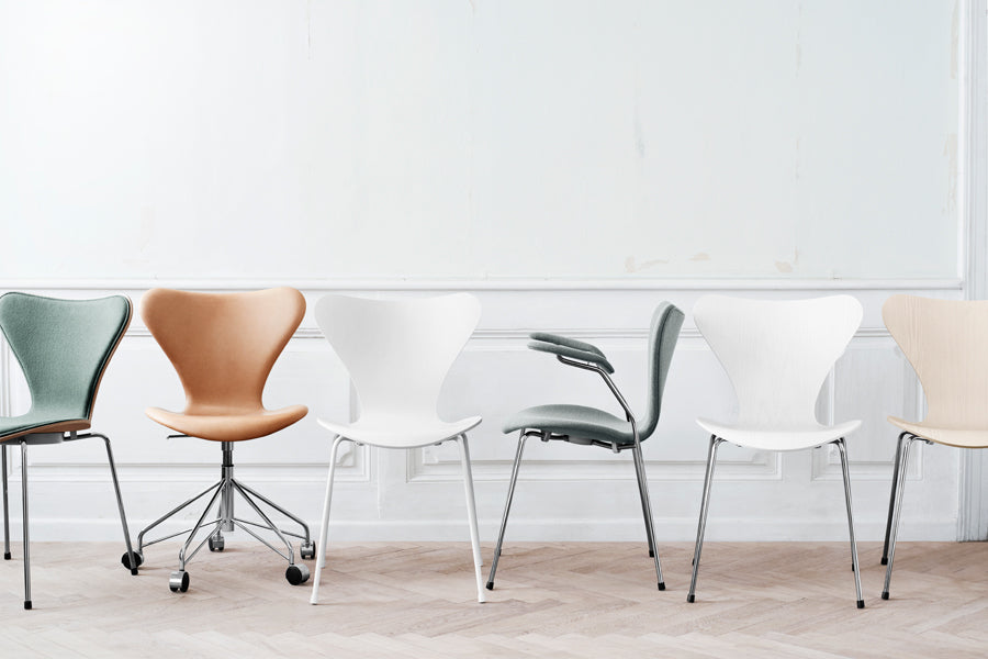 Series 7 Full Upholstery Armchair by Fritz Hansen, showing series 7 full upholstery armchair in live shot.