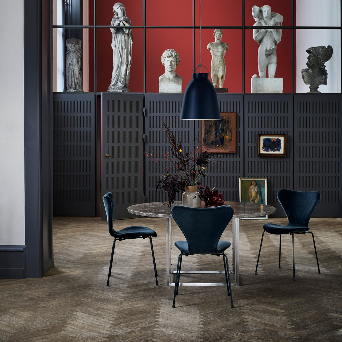 Series 7 Full Upholstery Chair by Fritz Hansen, showing series 7 full upholstery chairs in live shot.
