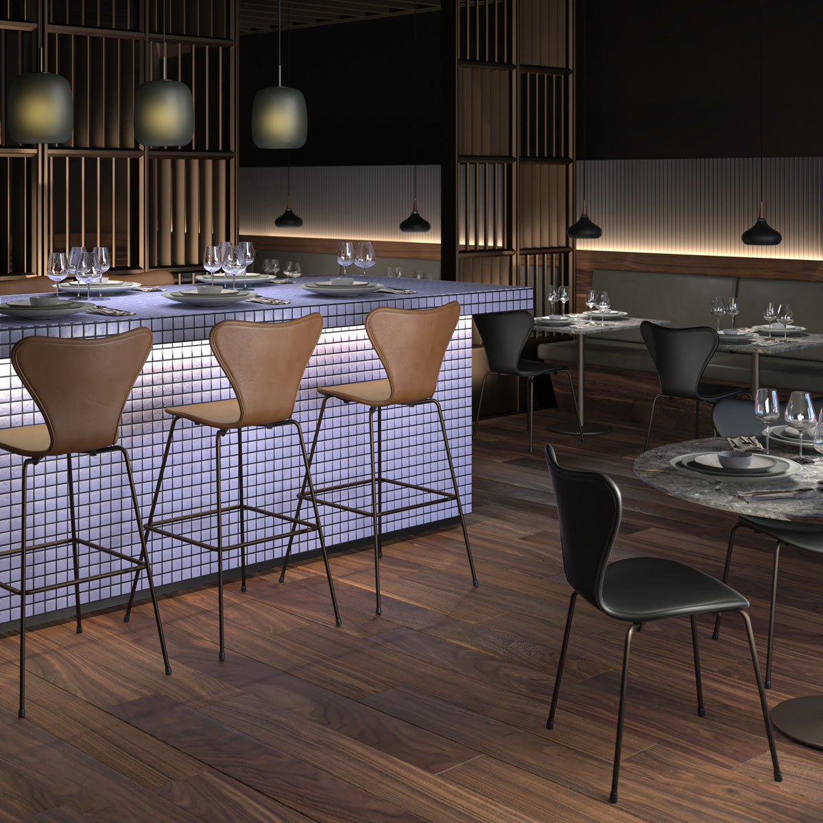 Series 7 Full Upholstery Stool by Fritz Hansen, showing series 7 full upholstery stools in live shot.
