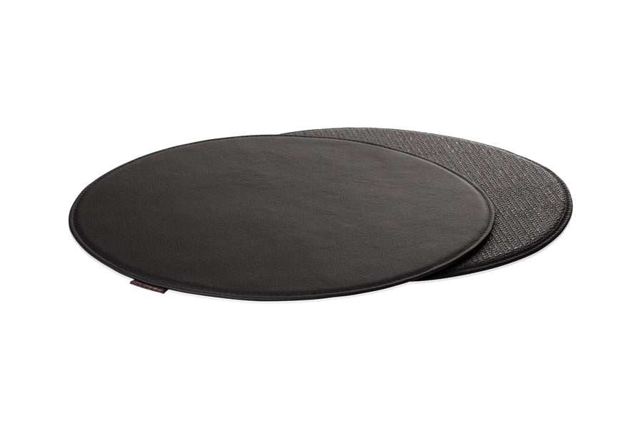 Series 7 Seat Cushion by Fritz Hansen, showing front & back view of series 7 seat cushions in black raw leather.