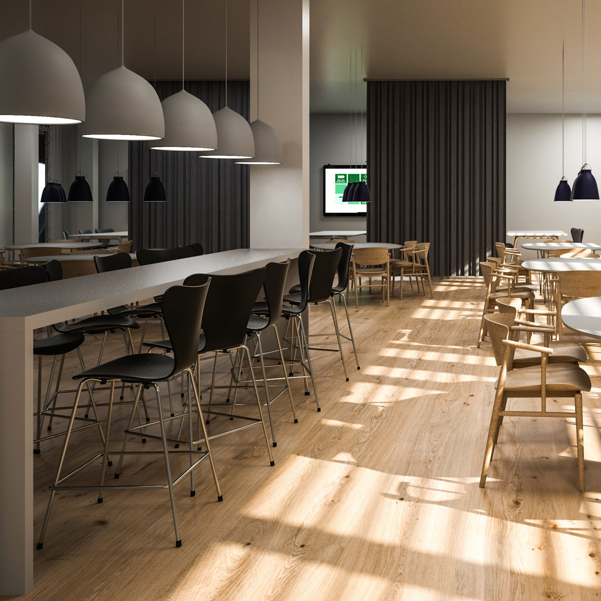 Series 7 Stool by Fritz Hansen, showing series 7 stools in live shot.