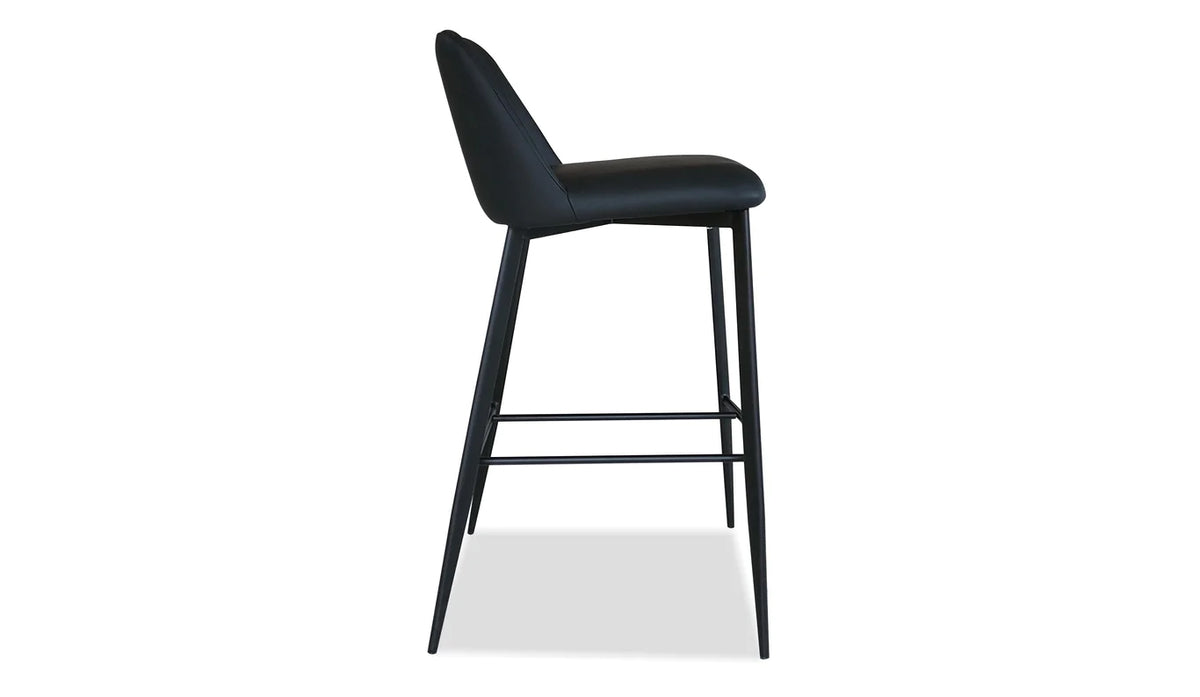 Seville Counter Stool by Mobital, showing side view of seville counter stool in black leatherette/black powder coated legs.