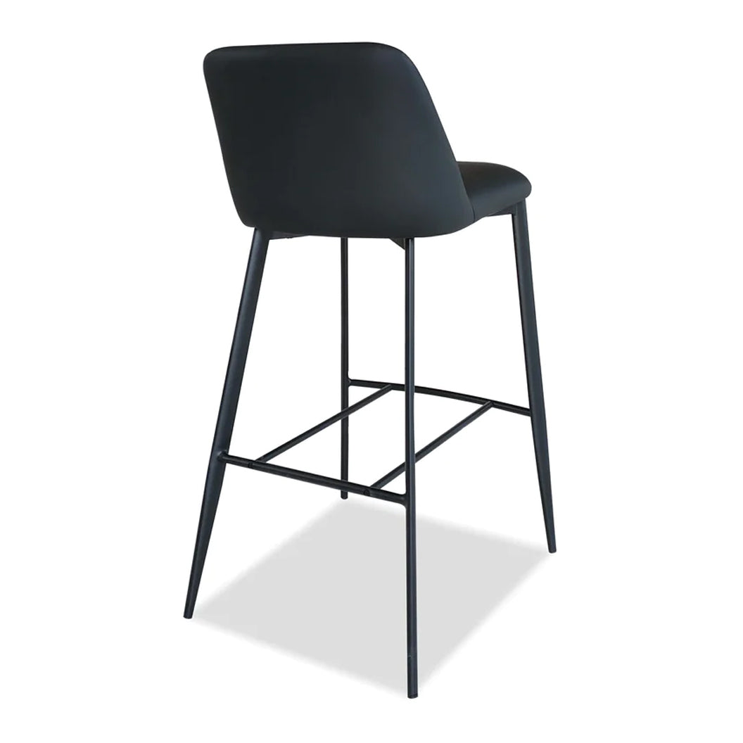 Seville Counter Stool by Mobital, showing back angle view of seville counter stool in black leatherette/black powder coated legs.