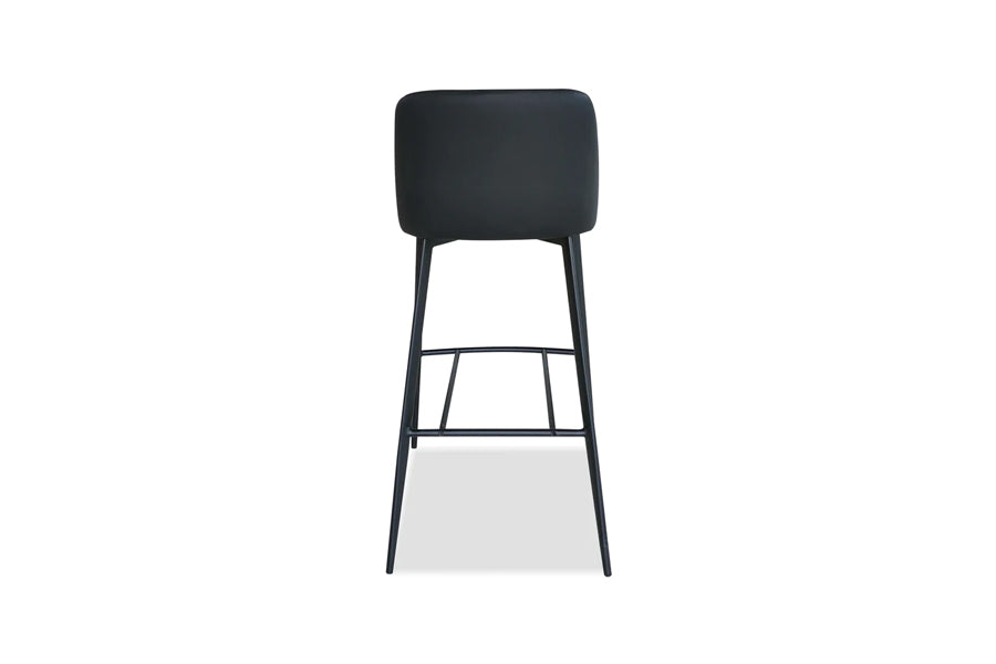Seville Counter Stool by Mobital, showing back view of seville counter stool in black leatherette/black powder coated legs.