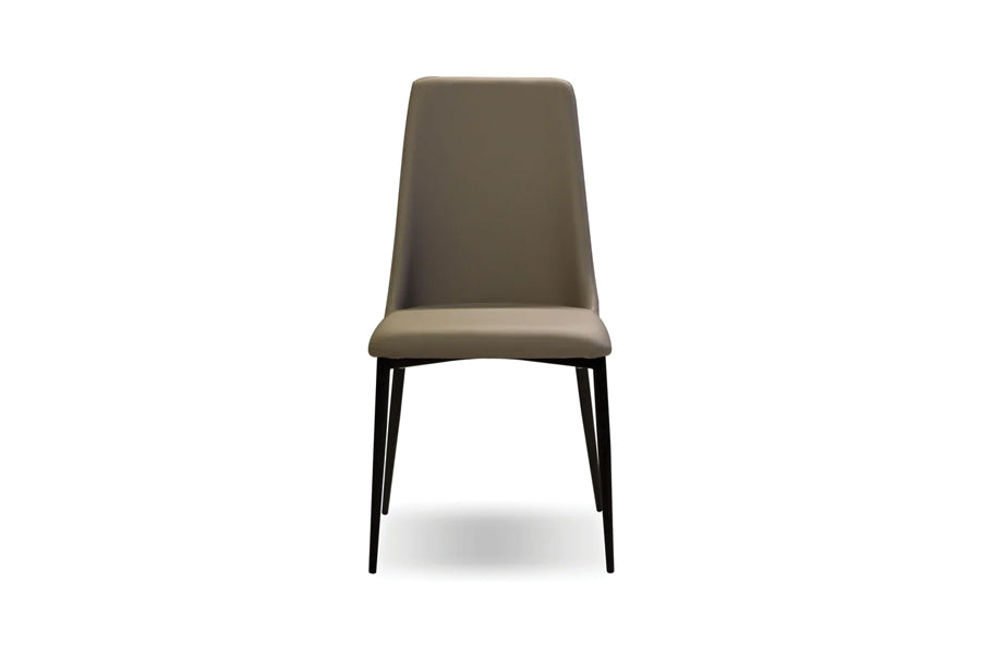 Seville Dining Chair by Mobital, showing front view of seville dining chair in taupe leatherette/matte black powder coated base.