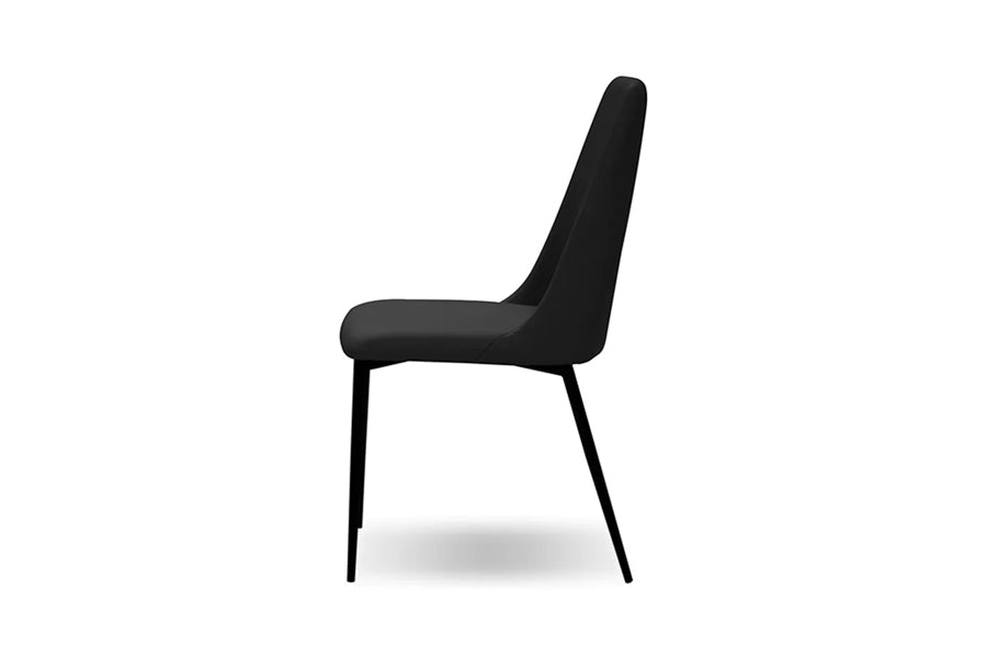 Seville Dining Chair by Mobital, showing side view of seville dining chair in black leatherette/matte black powder coated base.