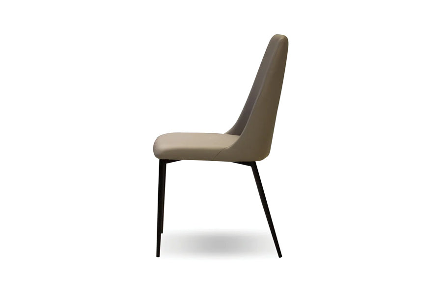 Seville Dining Chair by Mobital, showing side view of seville dining chair in taupe leatherette/matte black powder coated base.
