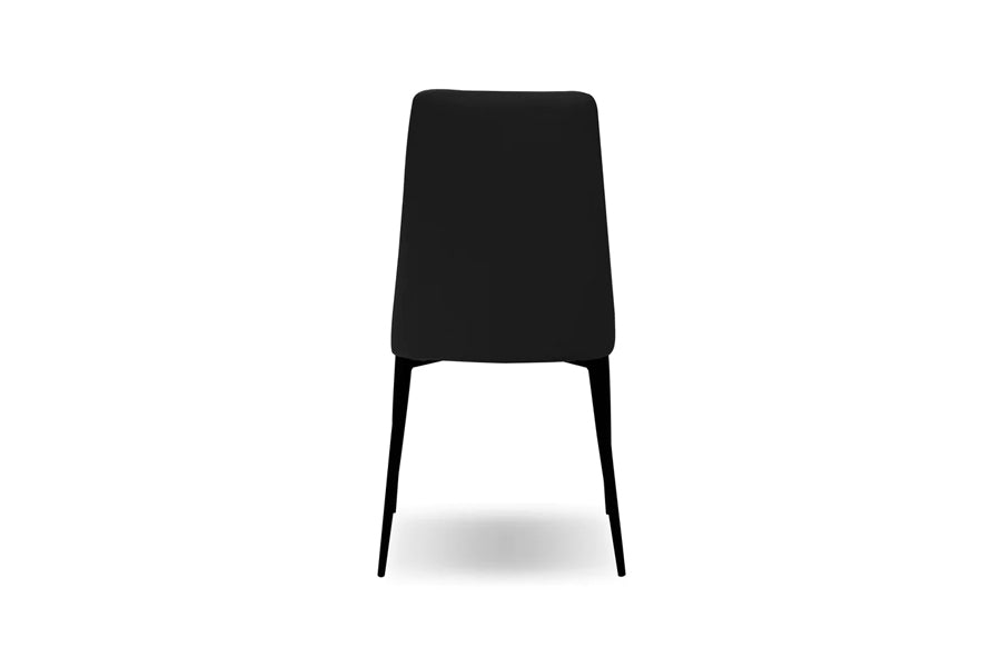 Seville Dining Chair by Mobital, showing back view of seville dining chair in black leatherette/matte black powder coated base.