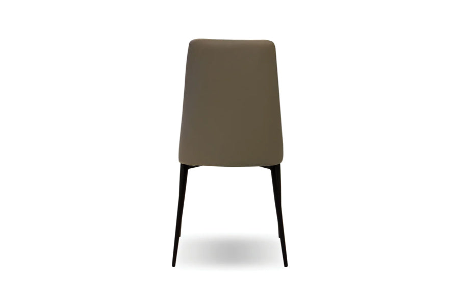 Seville Dining Chair by Mobital, showing back view of seville dining chair in taupe leatherette/matte black powder coated base.