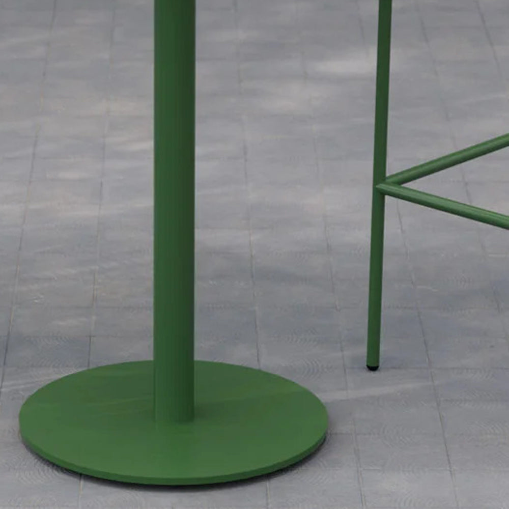 Simple Bar Table by Bend, showing closeup view of simple bar table in live shot with bar chairs.