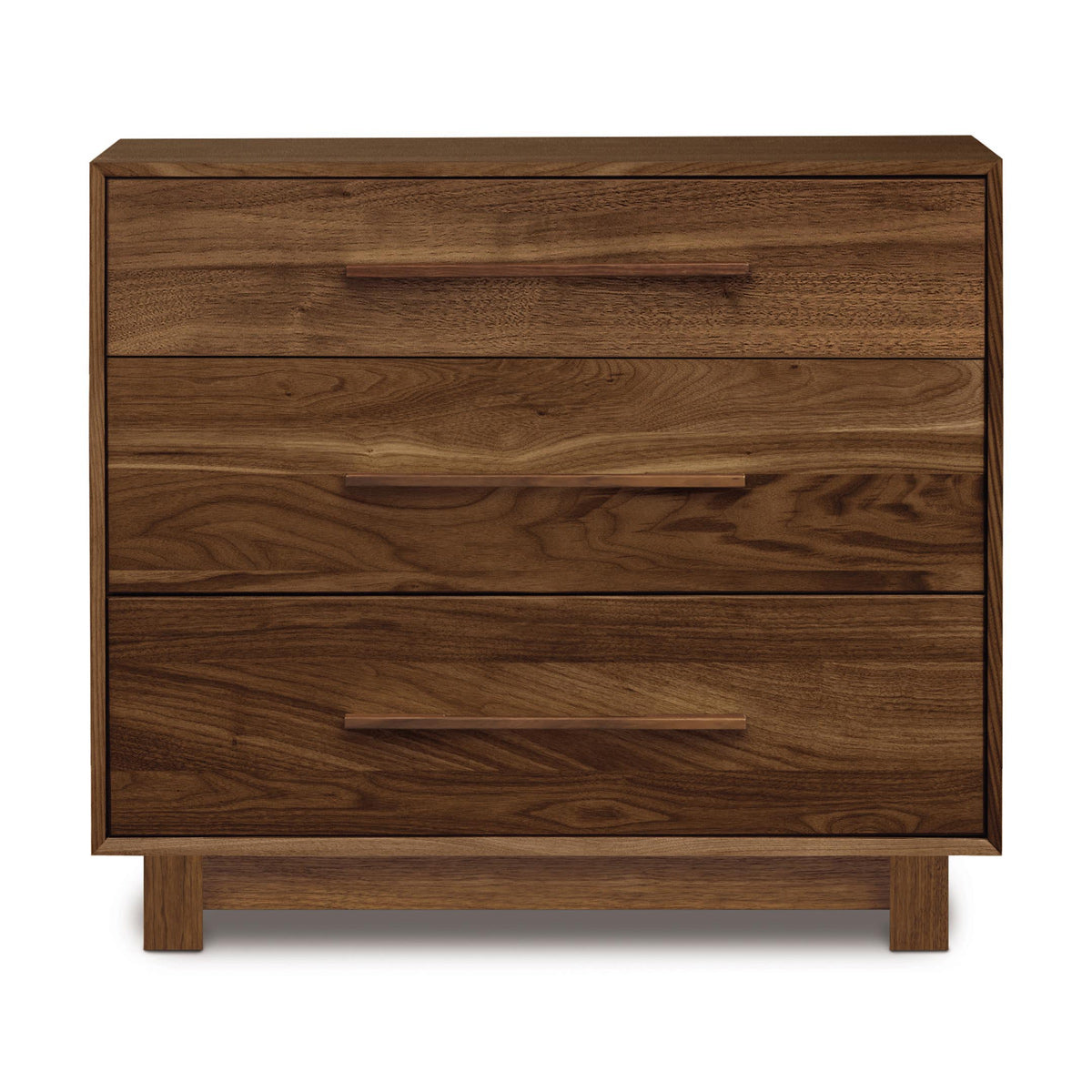 Sloane Dresser by Copeland Furniture, showing front view of sloane dresser in 3 drawers/natural walnut.