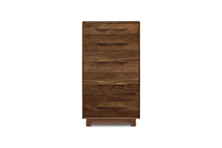 Sloane Dresser by Copeland Furniture, showing front view of sloane dresser in 5 drawers narrow chest/natural walnut.