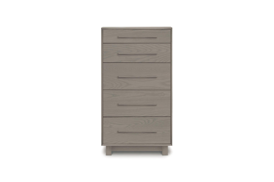 Sloane Dresser by Copeland Furniture, showing front view of sloane dresser in 5 drawers narrow chest/weathered oak.