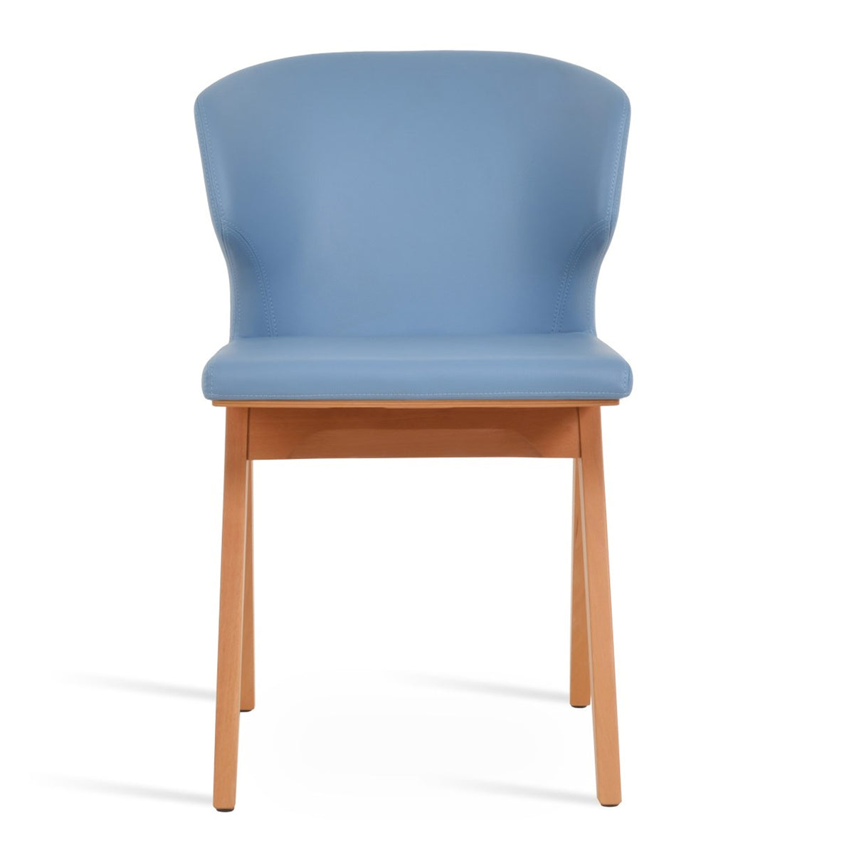 Amed Fino Wood Chair by SohoConcept - showing front view of fino wood chair in beech wood natural finish base with blue leatherette color.