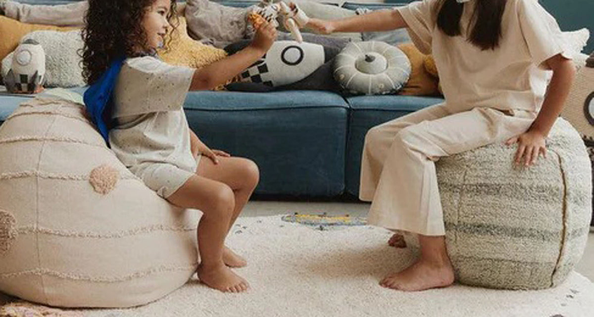 Solar System Pouf by Lorena Canals, showing solar system pouf in live shot.