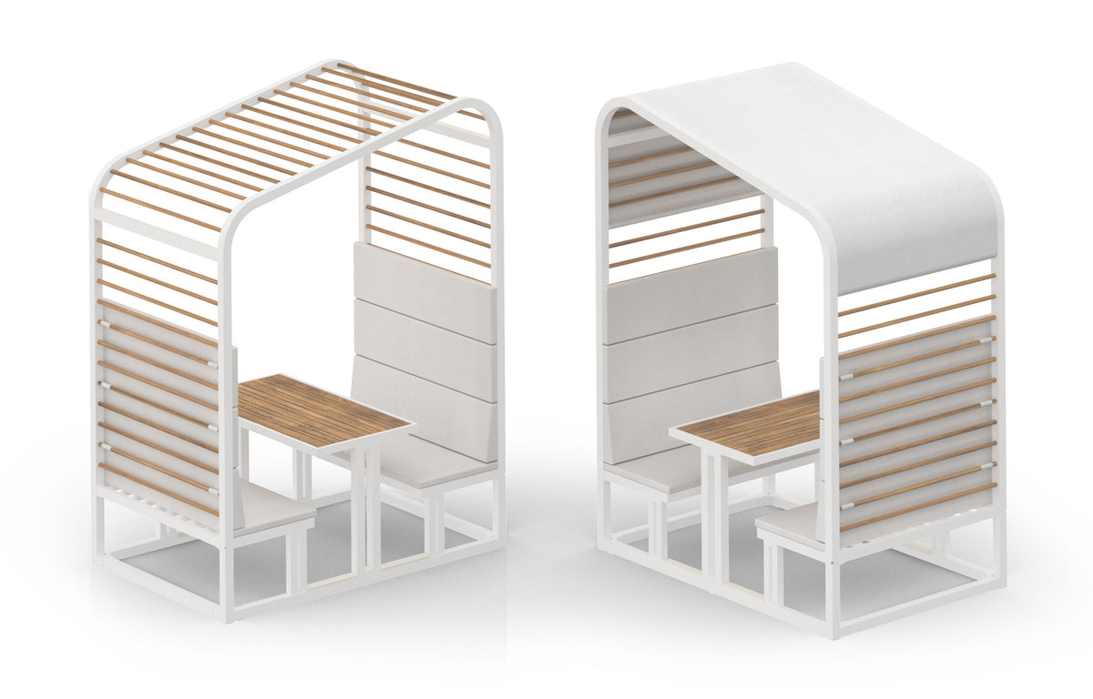 Sombrero Dining Booth by Mamagreen - Ultra Durable Category M, Smooth Sanded Recycled Teak Wood Trellis, White Sunbrella Shade/Cushion.