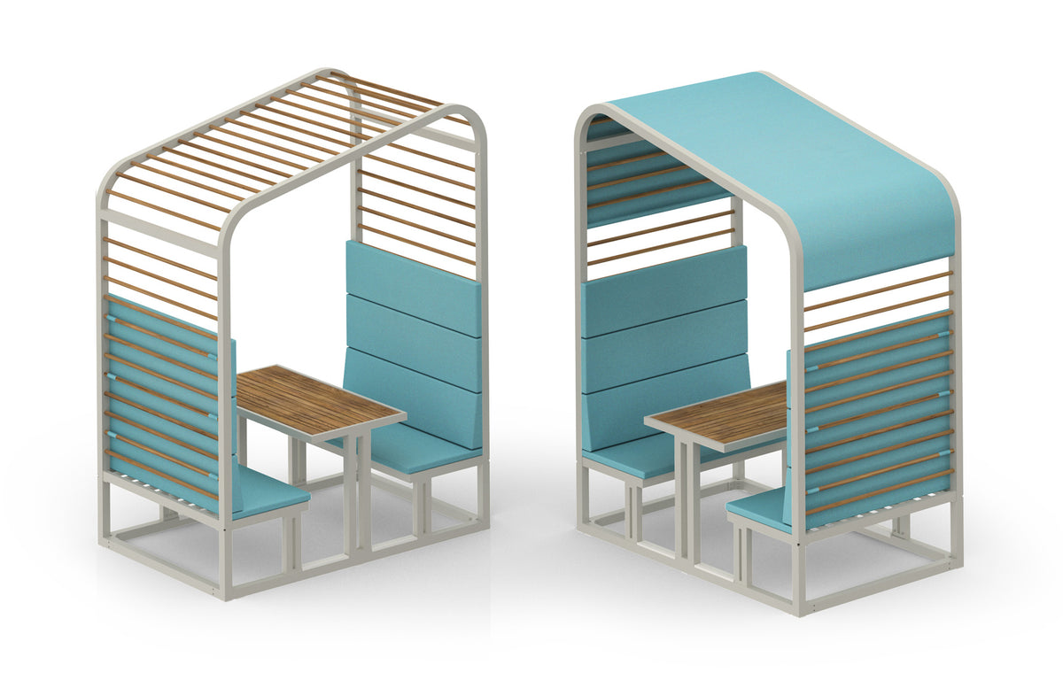 Sombrero Dining Booth by Mamagreen - Ultra Durable Category M, Smooth Sanded Recycled Teak Wood Trellis, Mineral Blue Sunbrella Shade/Cushion.