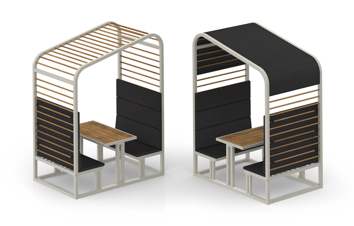 Sombrero Dining Booth by Mamagreen - Ultra Durable Category M, Smooth Sanded Recycled Teak Wood Trellis, Coal Sunbrella Shade/Cushion.