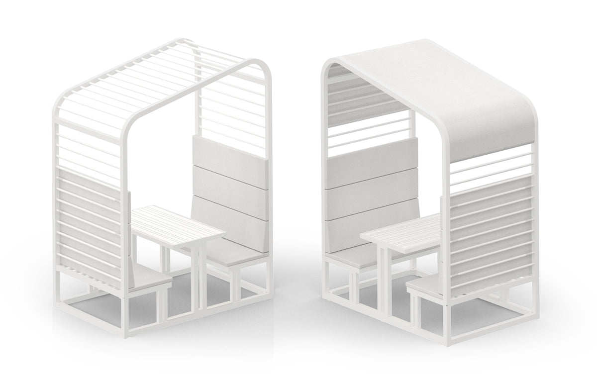 Sombrero Dining Booth by Mamagreen - Gloss Category B, Urban White Gloss Aluminum Trellis, White Sunbrella Shade/Cushion.