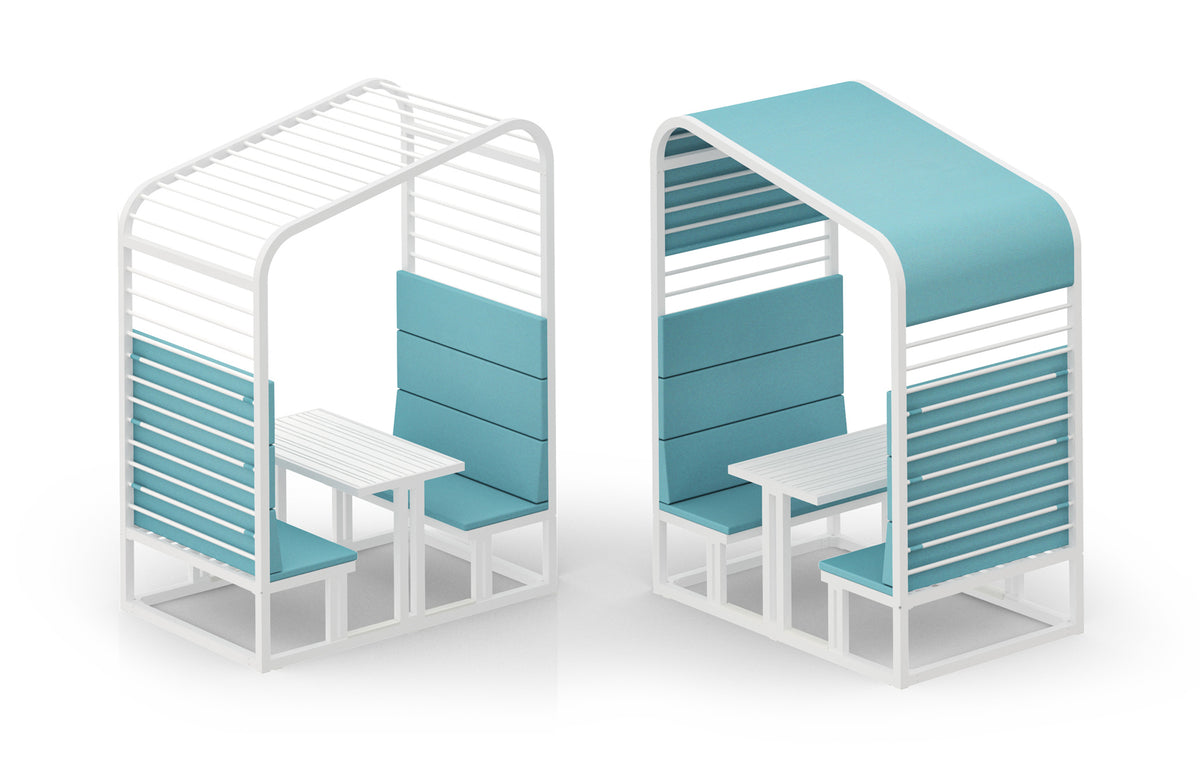 Sombrero Dining Booth by Mamagreen - Gloss Category B, Urban White Gloss Aluminum Trellis, Mineral Blue Sunbrella Shade/Cushion.