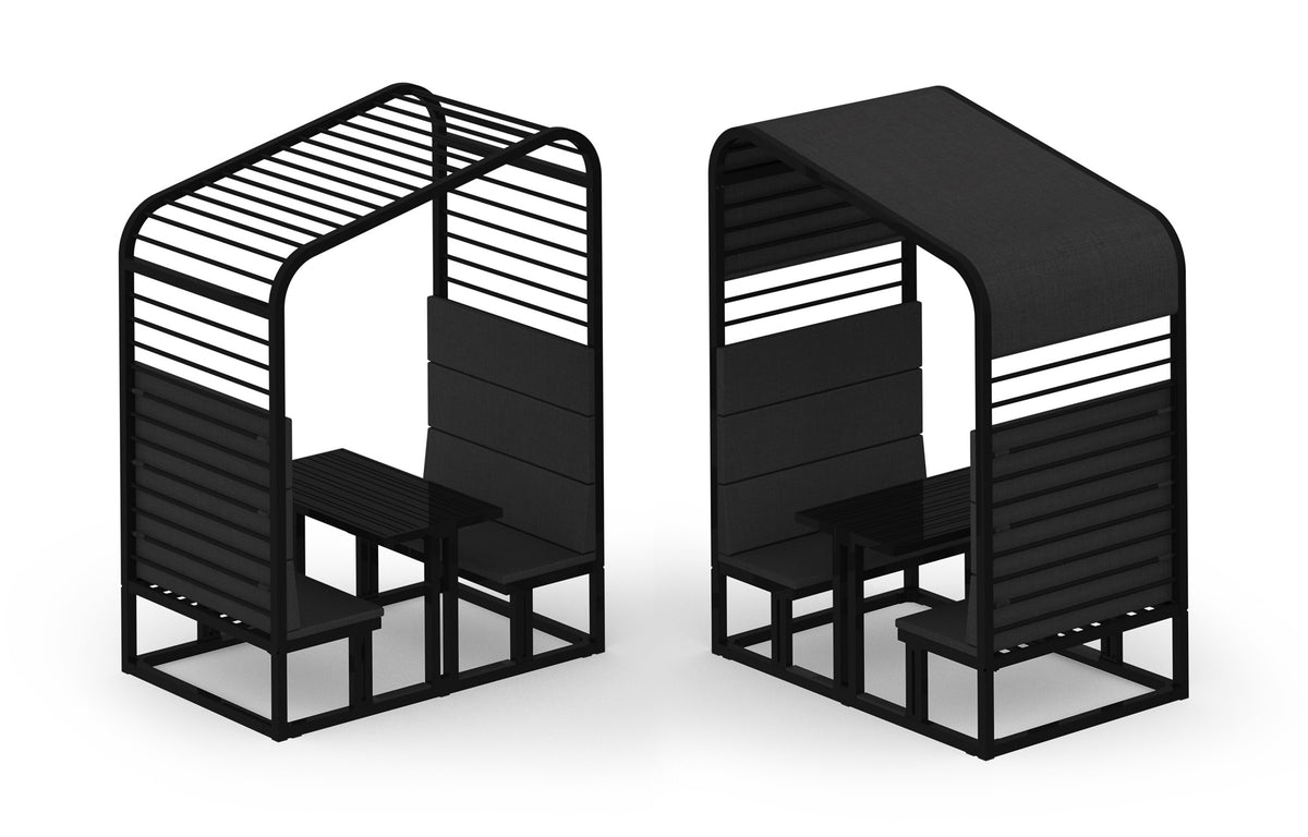 Sombrero Dining Booth by Mamagreen - Gloss Category B, Ink Black Gloss Aluminum Trellis, Coal Sunbrella Shade/Cushion.