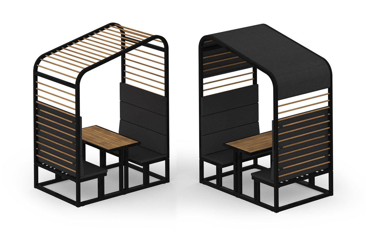 Sombrero Dining Booth by Mamagreen - Gloss Category B, Smooth Sanded Recycled Teak Wood Trellis, Coal Sunbrella Shade/Cushion.