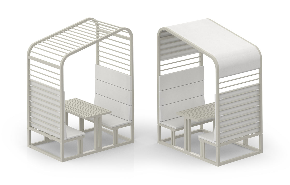 Sombrero Dining Booth by Mamagreen - Ultra Durable Category M, Urban White Gloss Aluminum Trellis, White Sunbrella Shade/Cushion.