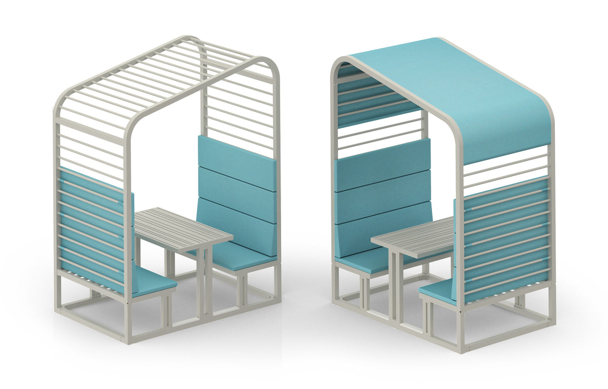 Sombrero Dining Booth by Mamagreen - Ultra Durable Category M, Urban White Gloss Aluminum Trellis, Mineral Blue Sunbrella Shade/Cushion.