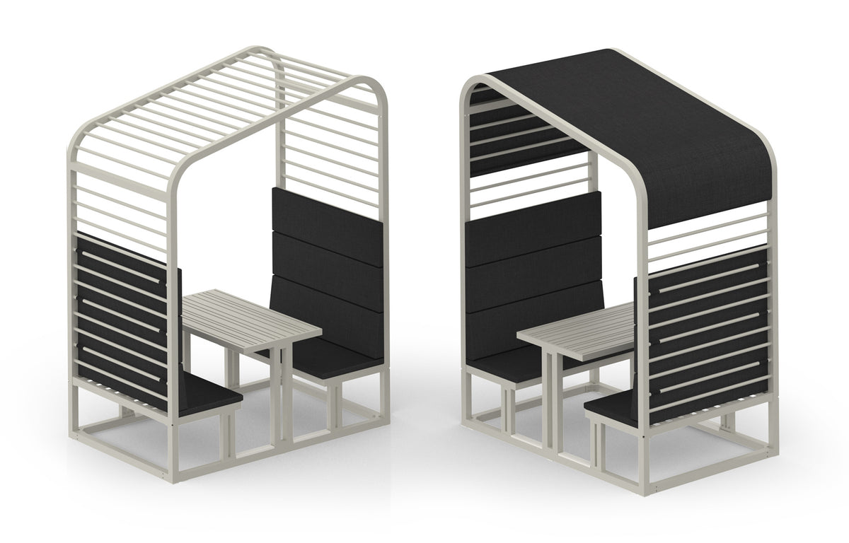 Sombrero Dining Booth by Mamagreen - Ultra Durable Category M, Urban White Gloss Aluminum Trellis, Coal Sunbrella Shade/Cushion.