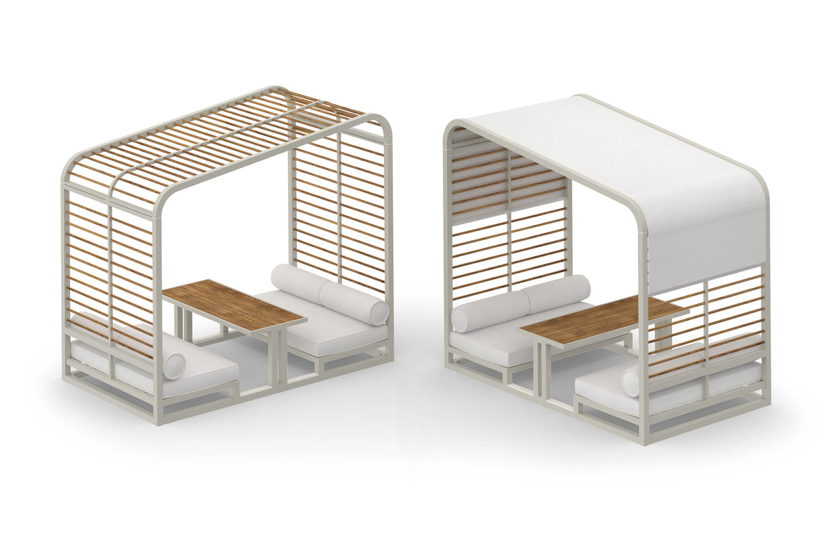 Sombrero Lounge Booth by Mamagreen - Ultra Durable Category M, Smooth Sanded Recycled Teak Wood Trellis, White Sunbrella Shade/Cushion.