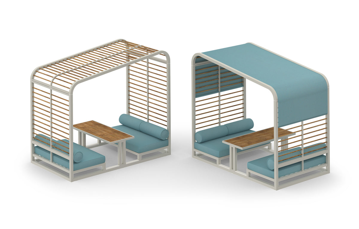 Sombrero Lounge Booth by Mamagreen - Ultra Durable Category M, Smooth Sanded Recycled Teak Wood Trellis, Mineral Blue Sunbrella Shade/Cushion.