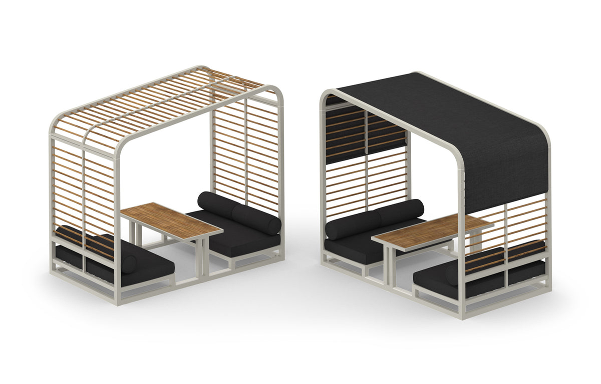 Sombrero Lounge Booth by Mamagreen - Ultra Durable Category M, Smooth Sanded Recycled Teak Wood Trellis, Coal Sunbrella Shade/Cushion.