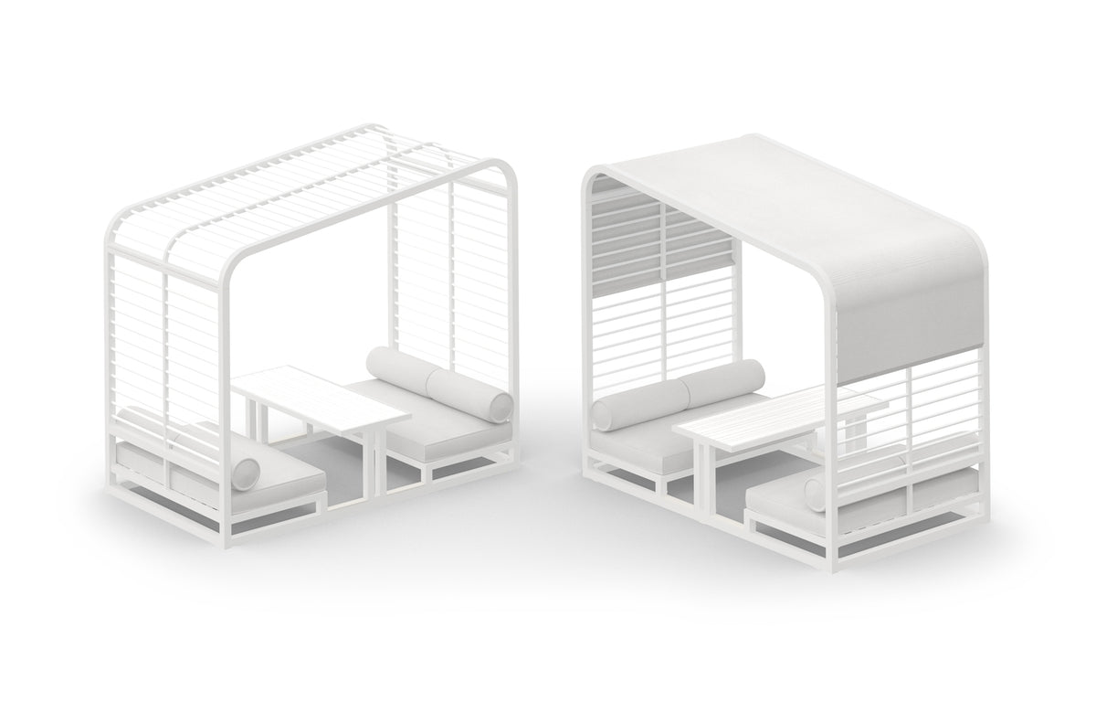 Sombrero Lounge Booth by Mamagreen - Gloss Category B, Urban White Gloss Aluminum Trellis, White Sunbrella Shade/Cushion.