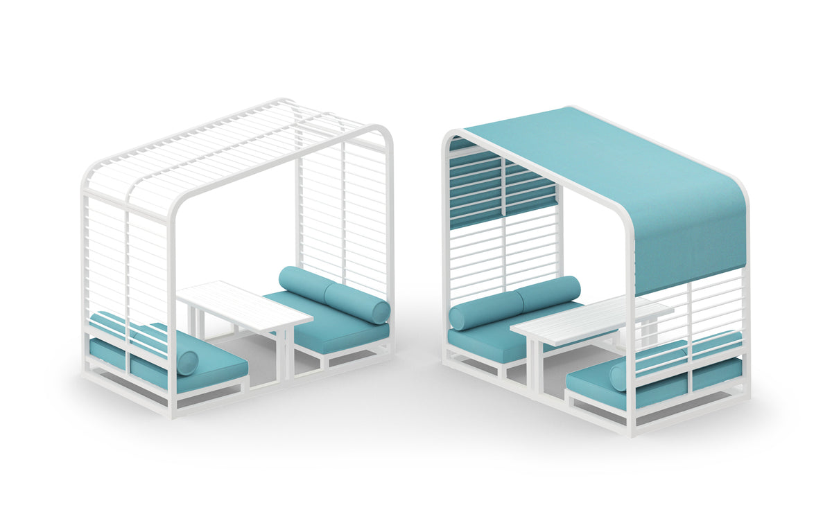 Sombrero Lounge Booth by Mamagreen - Gloss Category B, Urban White Gloss Aluminum Trellis, Mineral Blue Sunbrella Shade/Cushion.