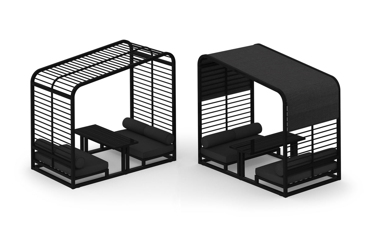 Sombrero Lounge Booth by Mamagreen - Gloss Category B, Ink Black Gloss Aluminum Trellis, Coal Sunbrella Shade/Cushion.