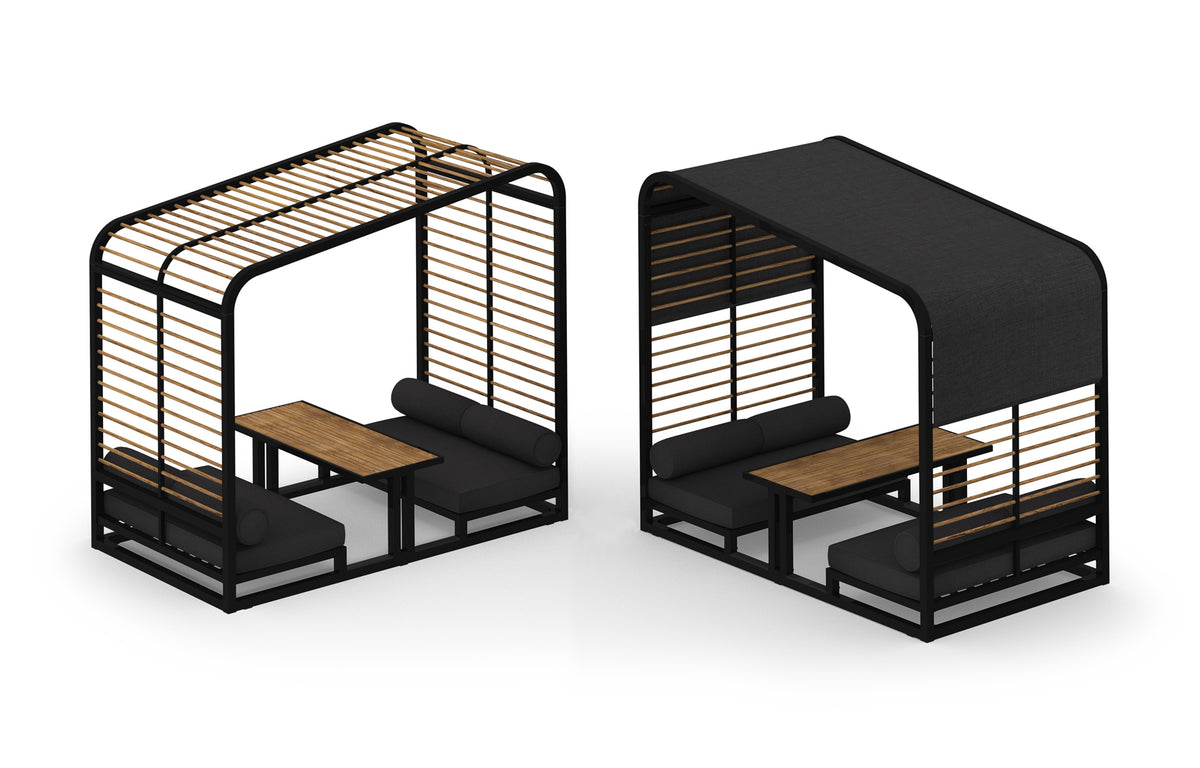 Sombrero Lounge Booth by Mamagreen - Gloss Category B, Smooth Sanded Recycled Teak Wood Trellis, Coal Sunbrella Shade/Cushion.