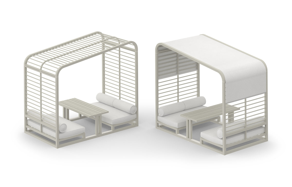 Sombrero Lounge Booth by Mamagreen - Ultra Durable Category M, Urban White Gloss Aluminum Trellis, White Sunbrella Shade/Cushion.