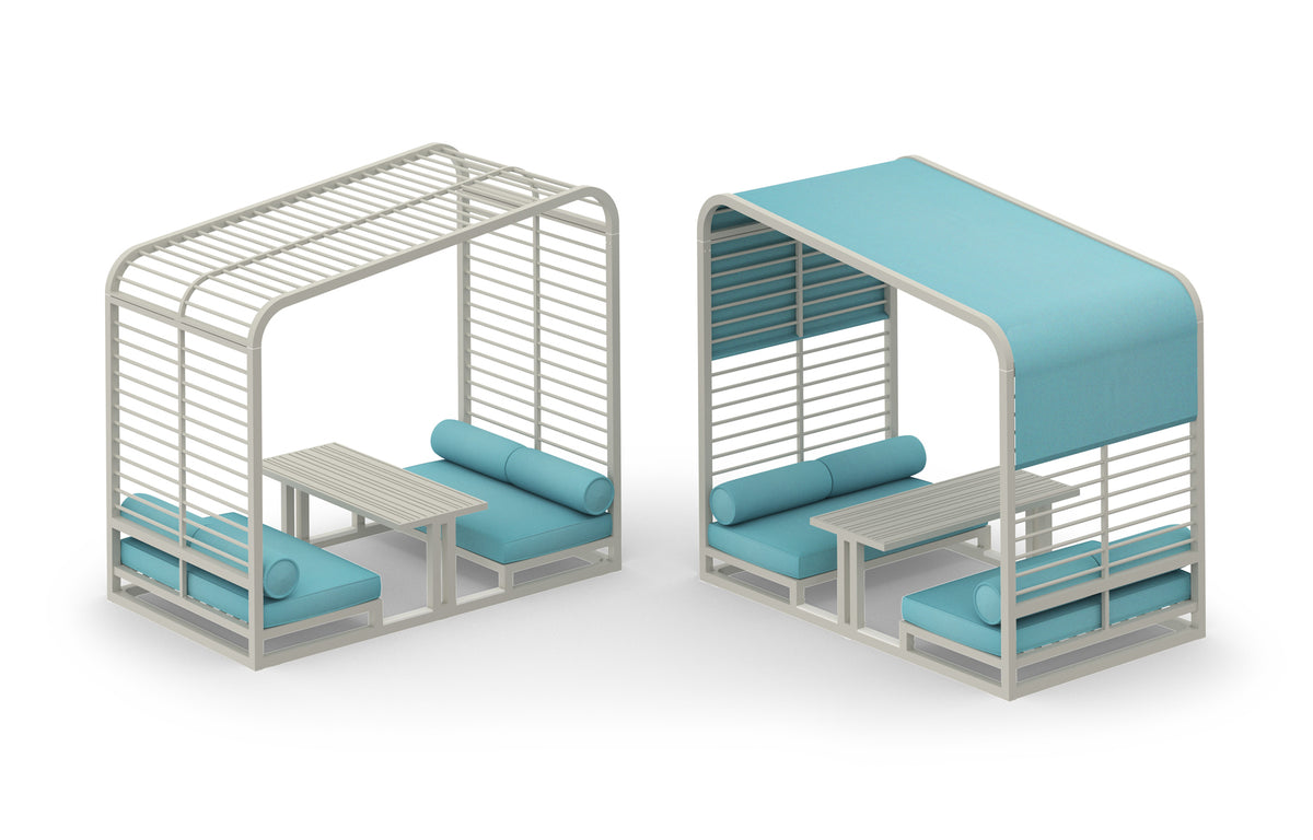 Sombrero Lounge Booth by Mamagreen - Ultra Durable Category M, Urban White Gloss Aluminum Trellis, Mineral Blue Sunbrella Shade/Cushion.