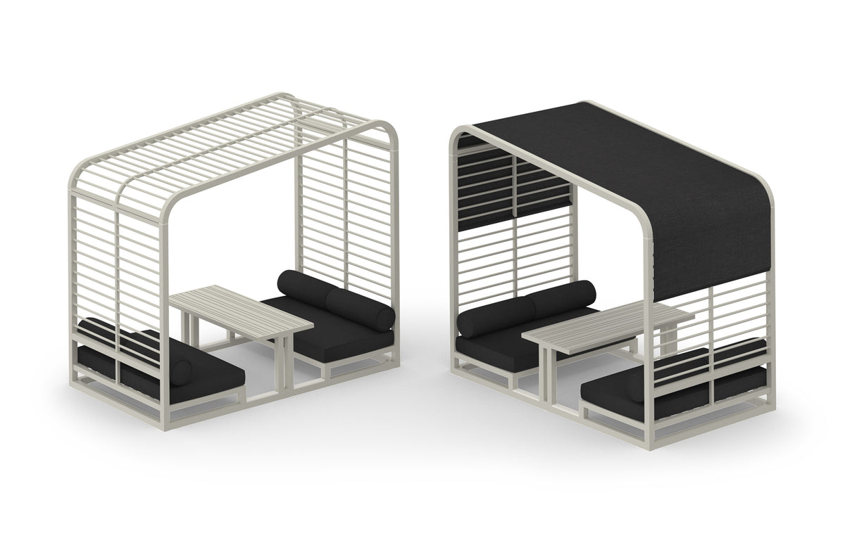 Sombrero Lounge Booth by Mamagreen - Ultra Durable Category M, Urban White Gloss Aluminum Trellis, Coal Sunbrella Shade/Cushion.