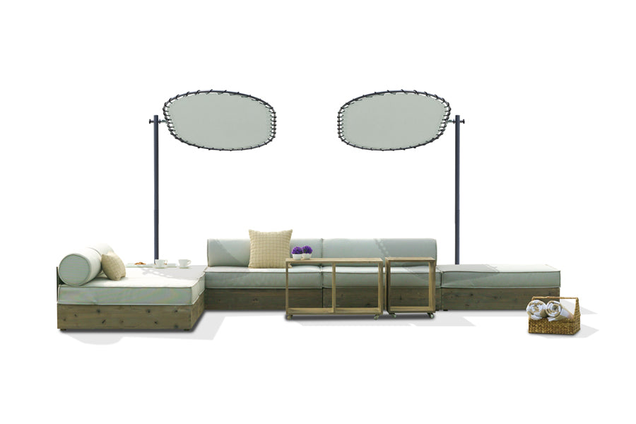 Sombrero Personal Medium Shade with Wheels by Mamagreen, showing different angles view of sombrero personal medium shades with wheels in ink black gloss galvanized steel/marble glacier blue sunbrella shade with tables & sectional.