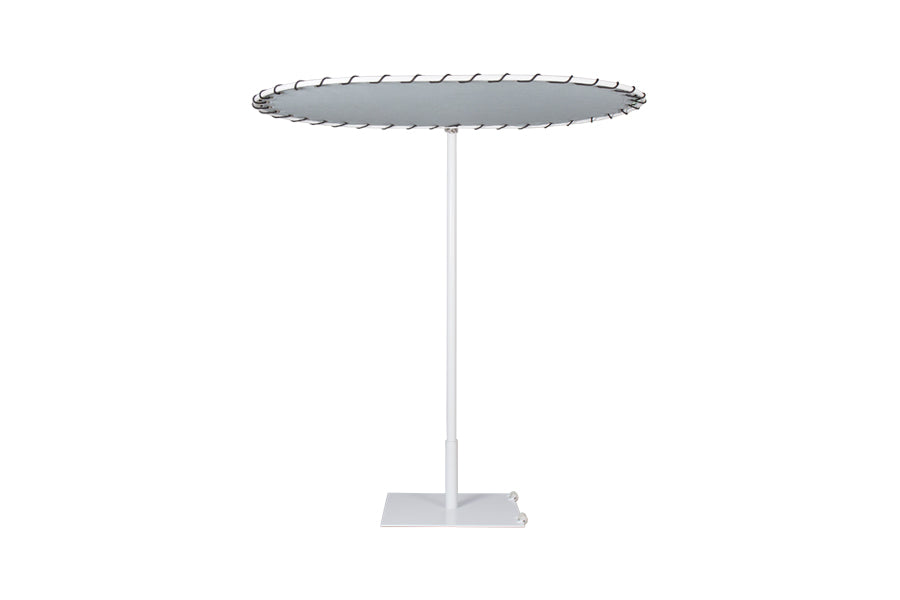 Sombrero Personal Medium Shade with Wheels by Mamagreen, showing front view of sombrero personal medium shade with wheels in ink urban white galvanized steel/marble glacier blue sunbrella shade.