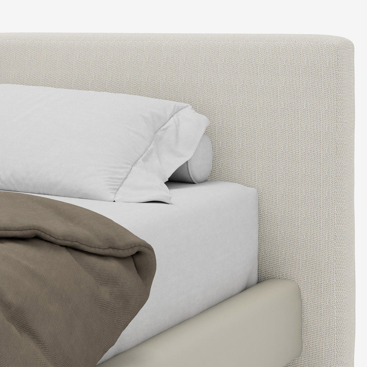Sorren Bed by Viesso, showing closeup view of sorren bed in alabaster weave fabric.