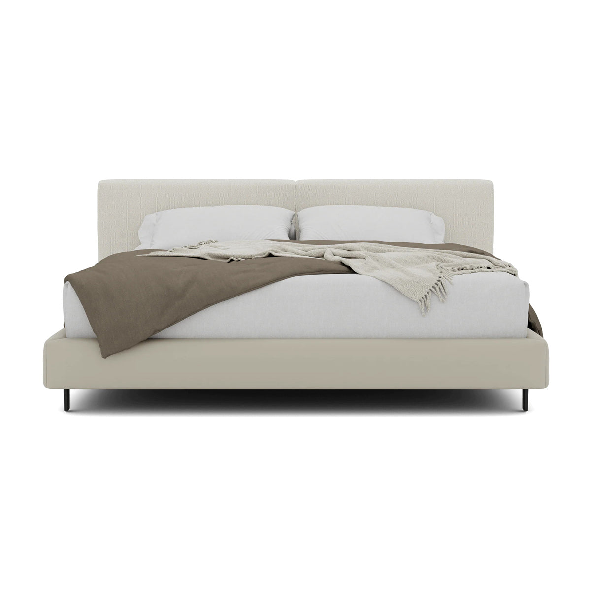 Sorren Bed by Viesso, showing front view of sorren bed in alabaster weave fabric.