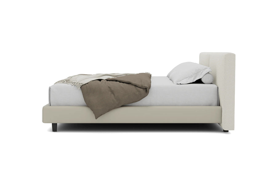 Sorren Bed by Viesso, showing side view of sorren bed in alabaster weave fabric.